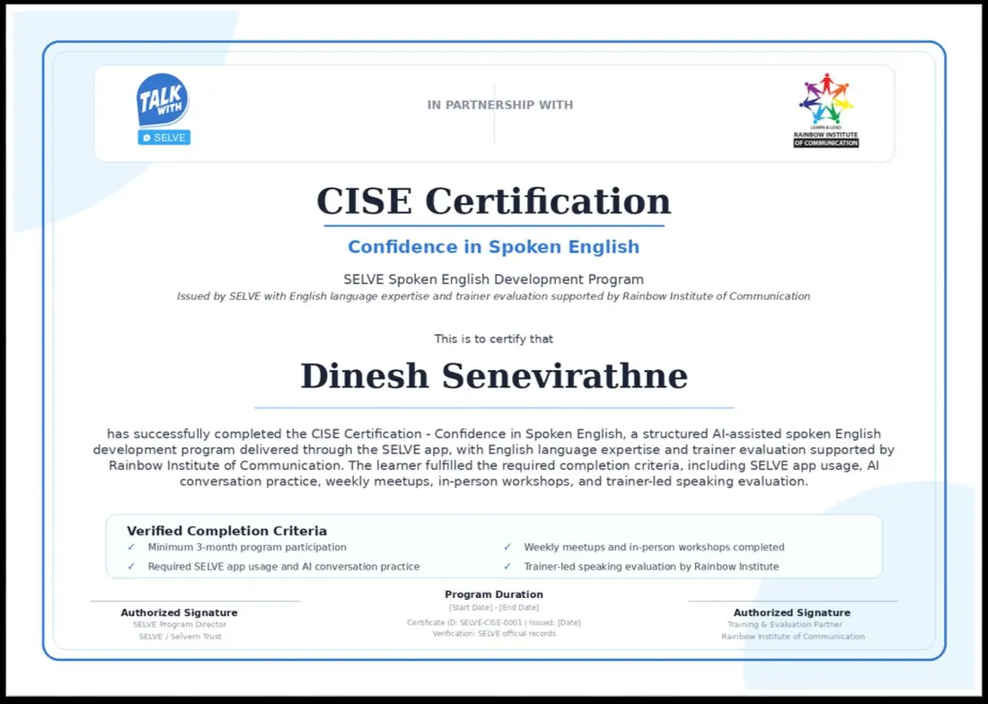 A CISE spoken English certificate awarded at the end of the programme