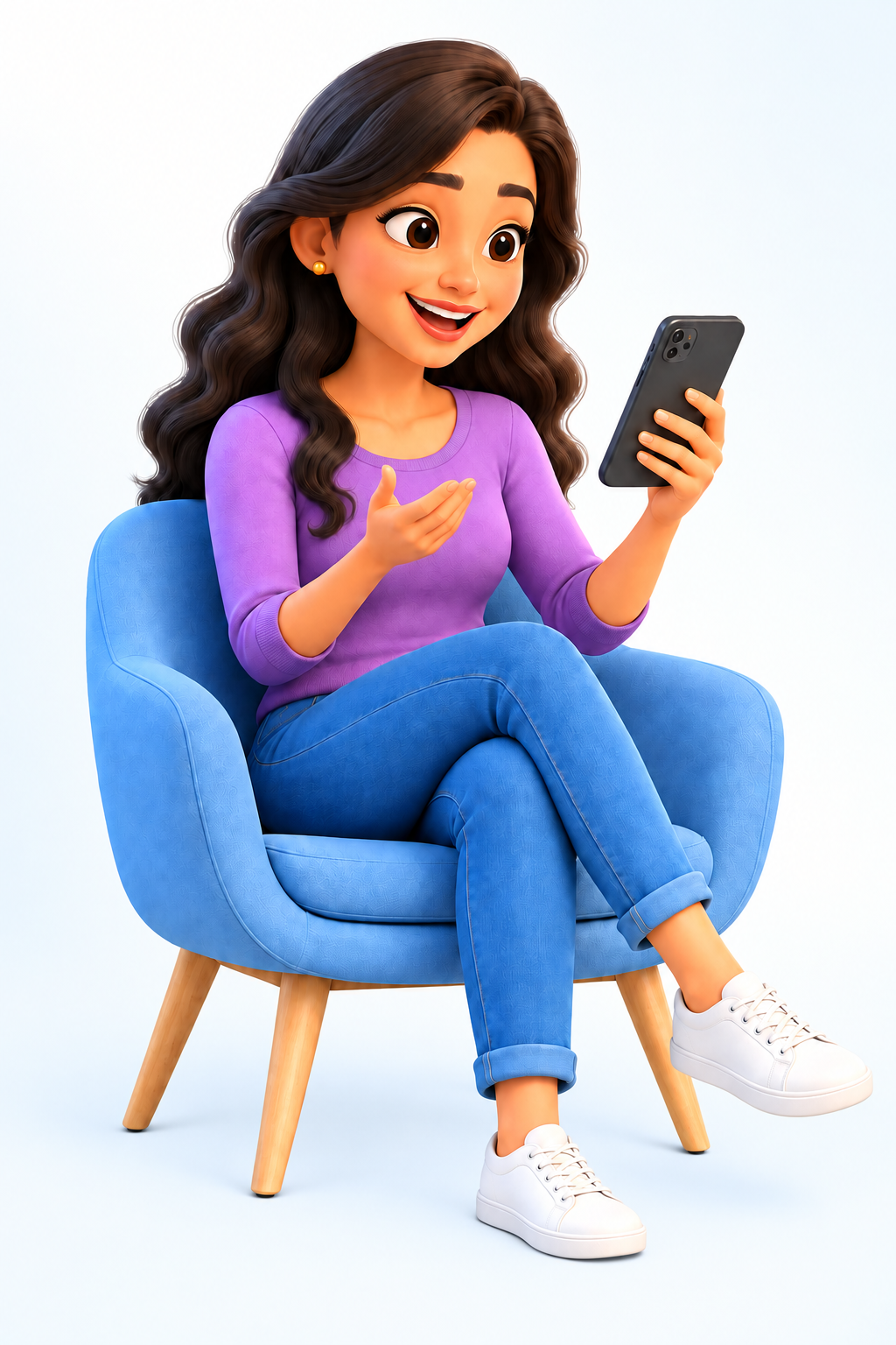 A SELVE learner sitting comfortably and speaking with the app on her phone
